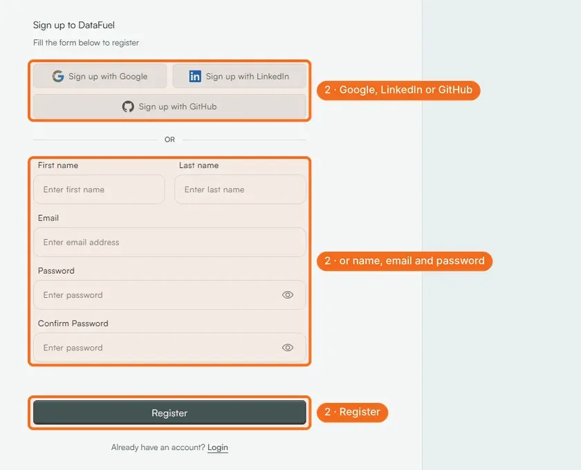 Step 2: sign up with Google, LinkedIn or GitHub, or with name, email and password, then Register