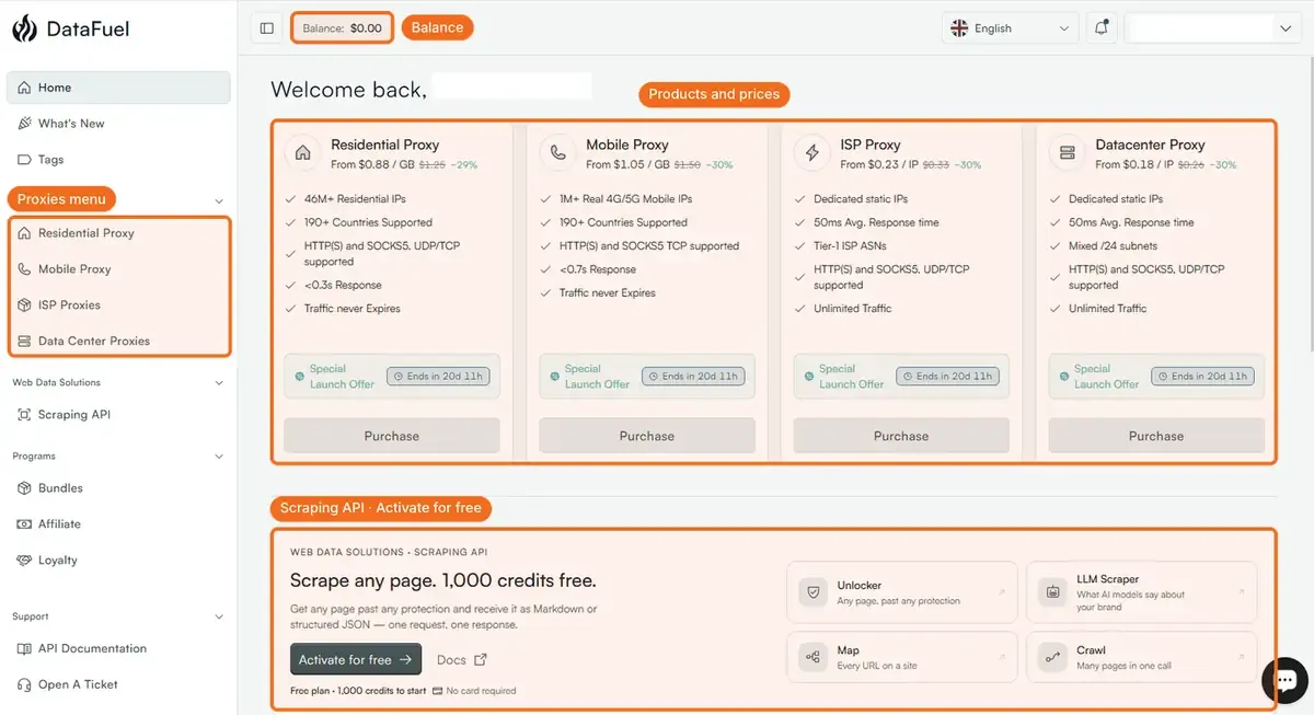 Home after login: the Proxies menu, the product cards, the Scraping API band and the balance