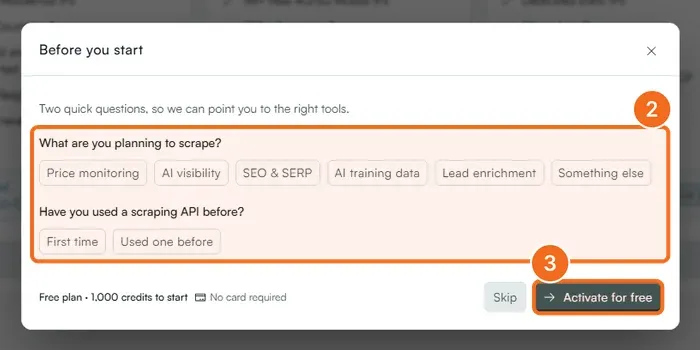 Steps 2 and 3: the two questions in the Before you start dialog and the Activate for free button