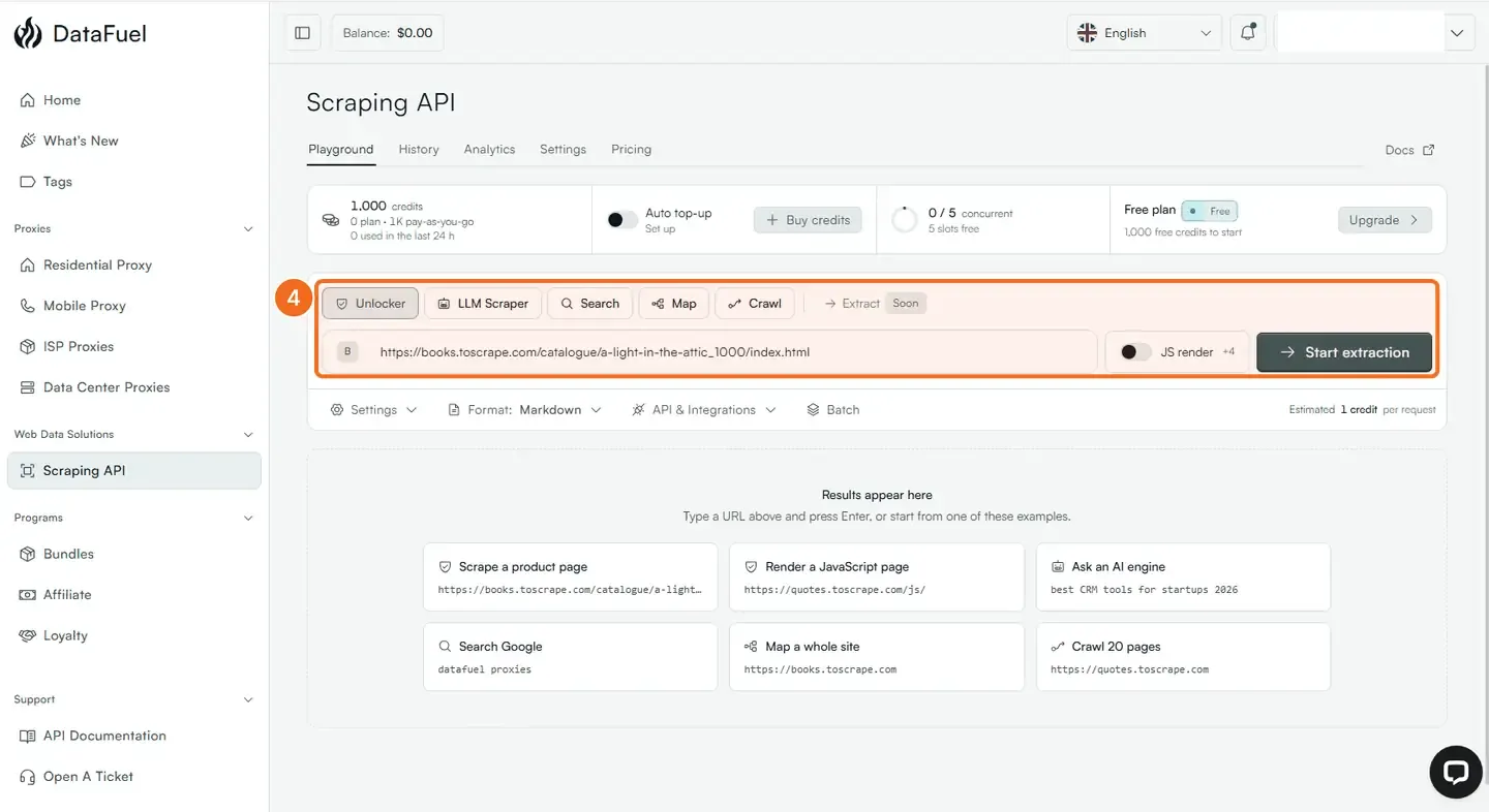 Step 4: the Playground with the Unlocker tab, the URL field and Start extraction