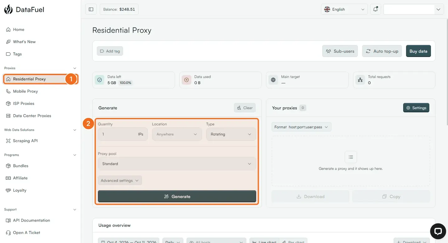 Steps 1 and 2: Residential Proxy in the left menu and the Generate panel