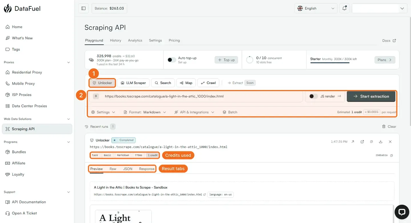 Steps 1 and 2: the Unlocker tab, the URL field with Start extraction, and a completed run with its credits and result tabs