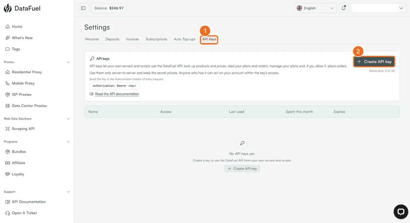 Steps 1 and 2: the API Keys tab and the Create API key button