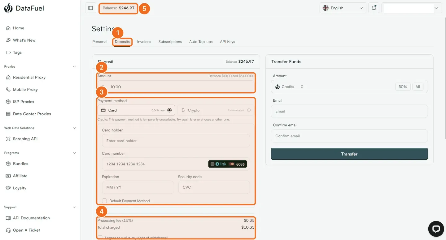 Steps 1 to 5: the Deposits tab, the amount, the card form, the fee and total with the waiver checkbox, and the balance