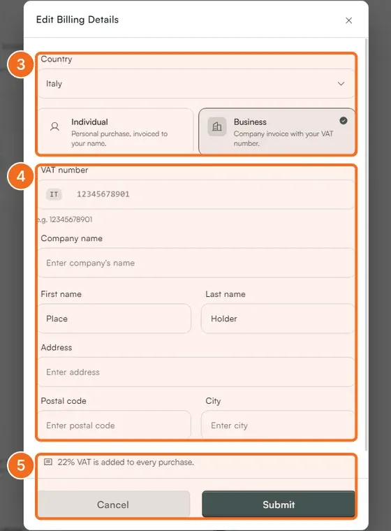 Steps 3 to 5: country and Business, the VAT number and company fields, the VAT note and Submit