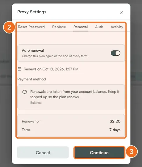 Steps 2 and 3: the Renewal tab with the Auto renewal switch, the renewal date and amount, and Continue