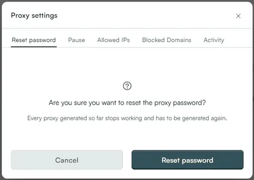 Proxy settings: Reset password, with the Pause, Allowed IPs, Blocked Domains and Activity tabs