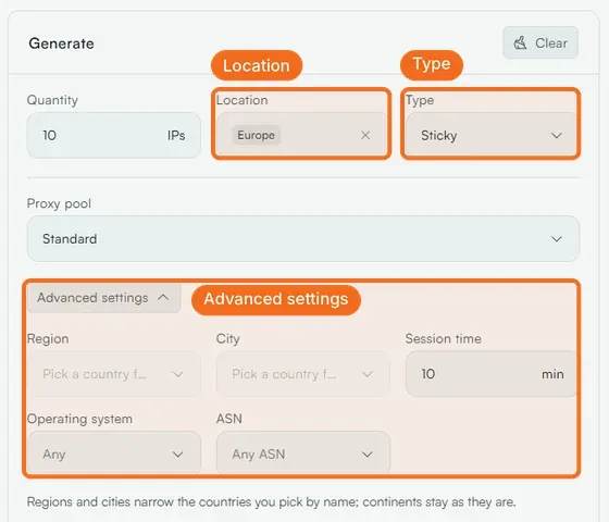 The Generate panel: Location, Type and the Advanced settings with Region, City, Session time, Operating system and ASN