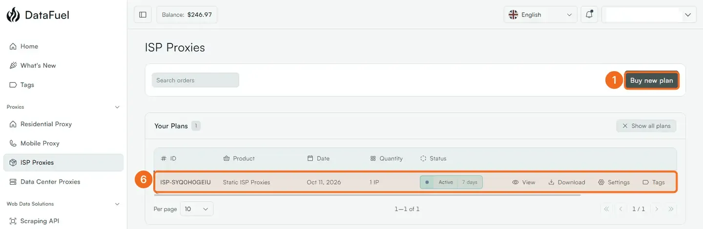 Steps 1 and 6: Buy new plan, and the plan row under Your Plans with View, Download, Settings and Tags