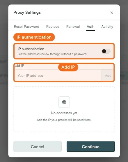 Proxy Settings, Auth: the IP authentication switch and the Add IP field