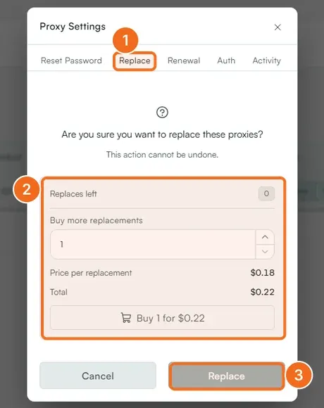 Steps 1 to 3: the Replace tab, replacements left and Buy, and the Replace button