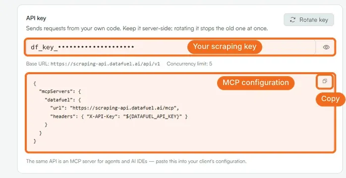 Scraping API Settings: your scraping key, the MCP configuration block and its copy icon