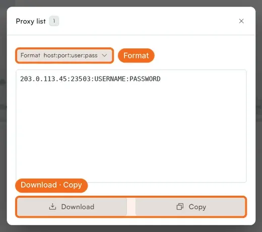 ISP Proxies, Proxy list: the Format selector, the line for each IP, and Download and Copy