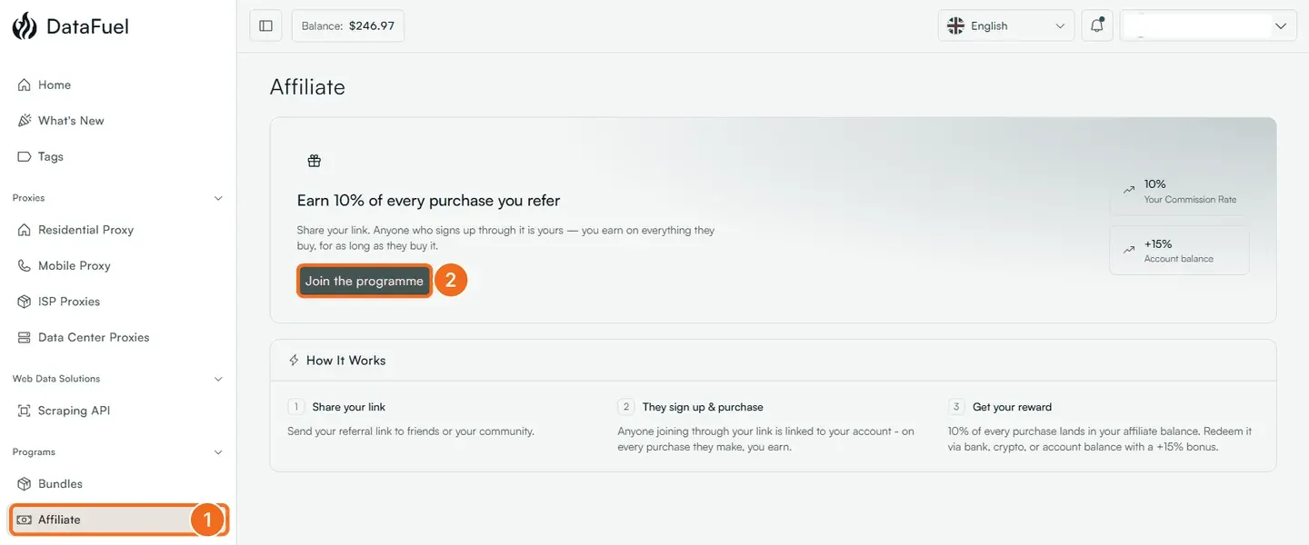 Steps 1 and 2: Affiliate in the left menu under Programs, and Join the programme